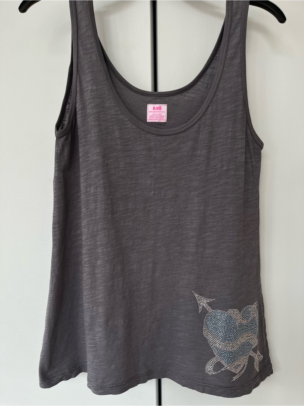 Vintage Y2K E.VIL Bling Rhinestone Heart Arrow Tank Top Size S Gray
